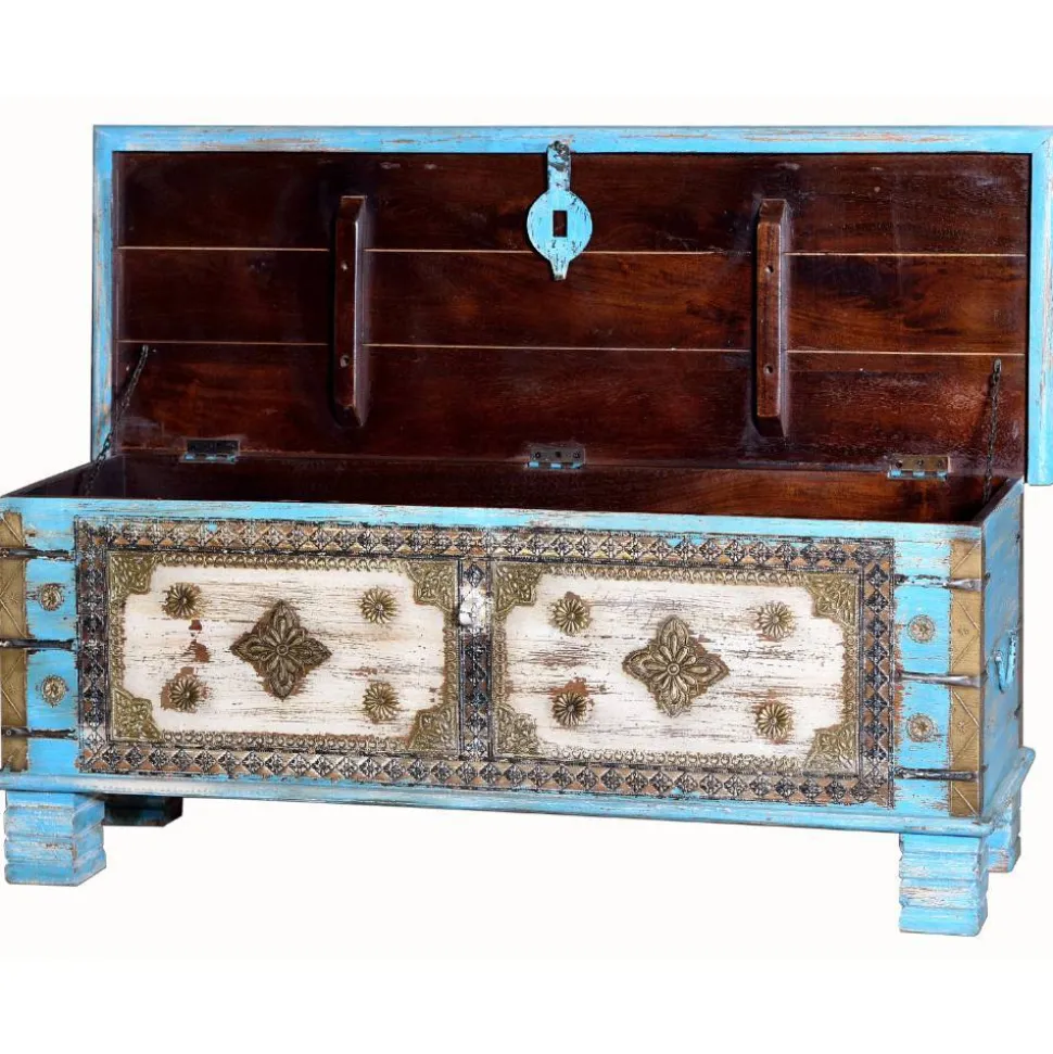 Truhe in Blau Antikweiß Bronze Braun - Olavio