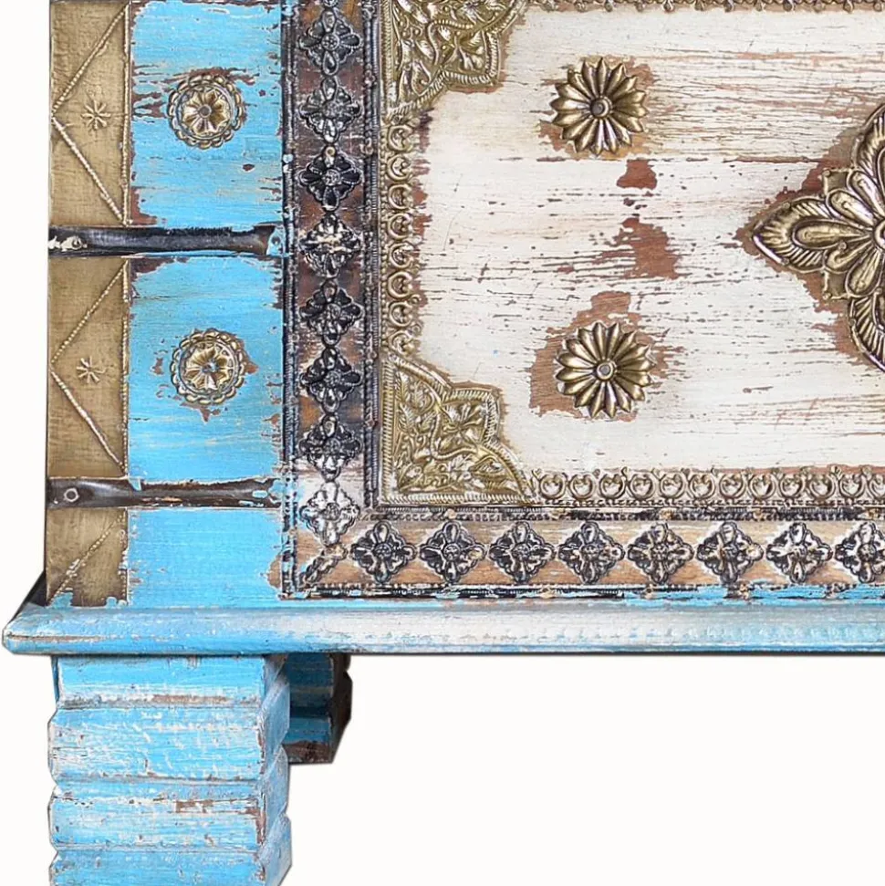 Truhe in Blau Antikweiß Bronze Braun - Olavio