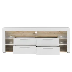 TV Lowboard in Weiß HG & Holz Antik Dekor - Masina