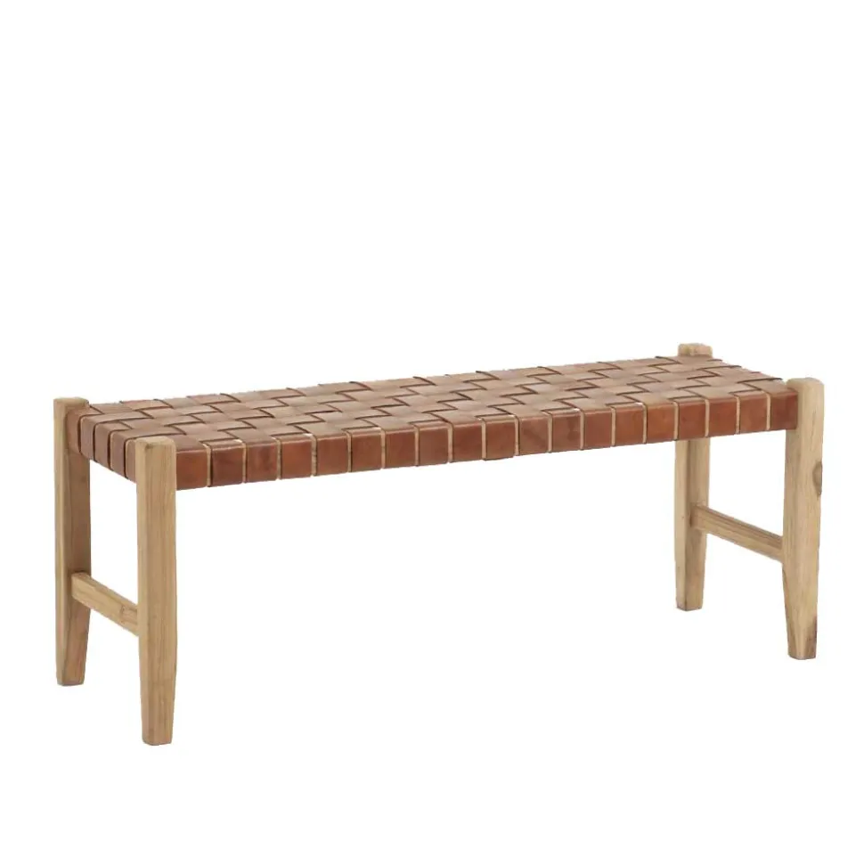 Urige Holzbank mit Leder Geflecht Sitz - Crespa (2er Set)