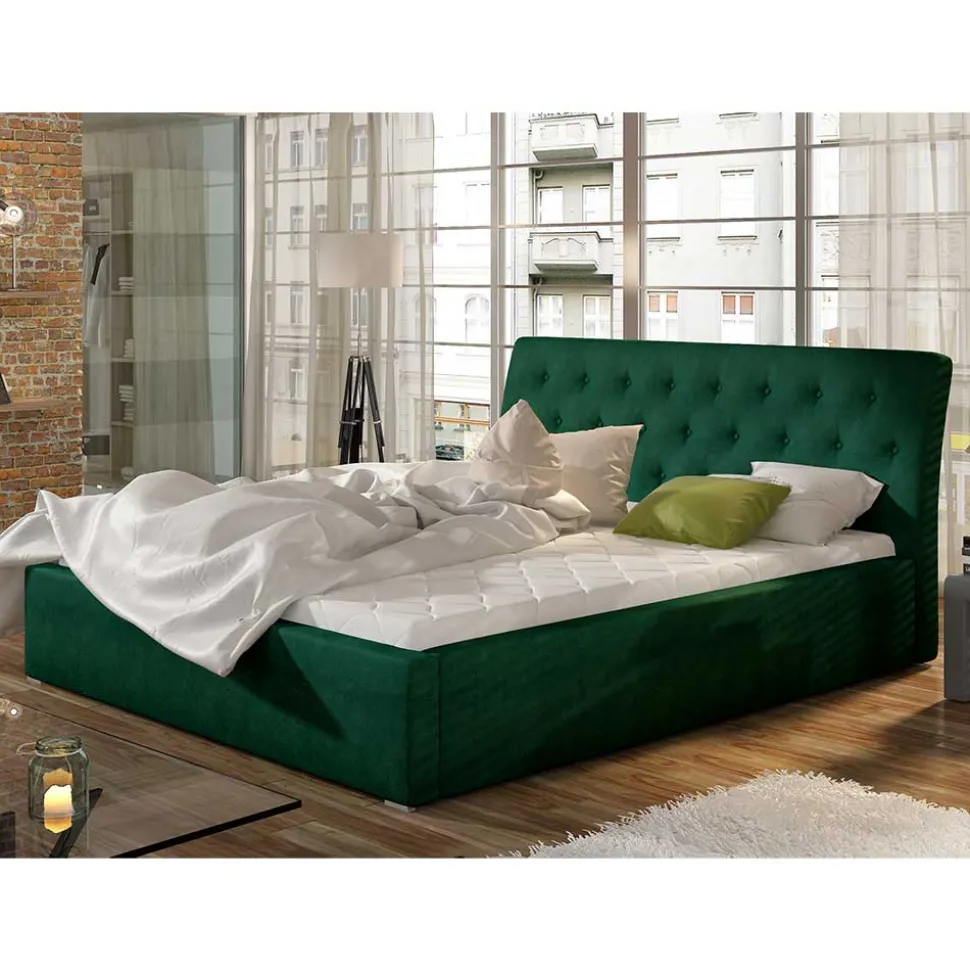 Velours Polsterbett in Dunkelgrün - Tendence