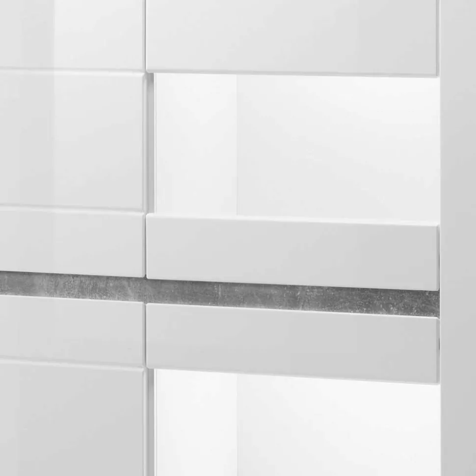 Vitrine in Weiß hochglänzend Mextra mit Absetzung Beton Optik