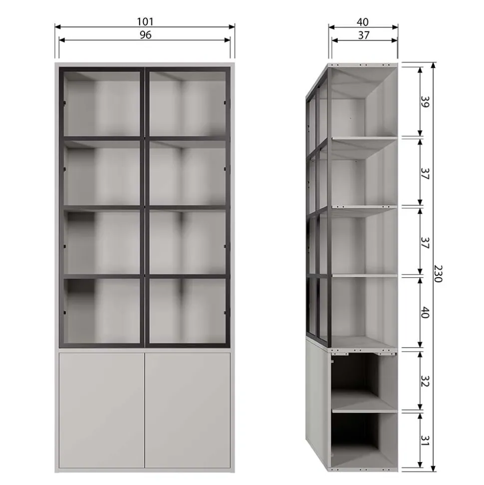Vitrinenschrank in Hellgrau und Schwarz - Arno