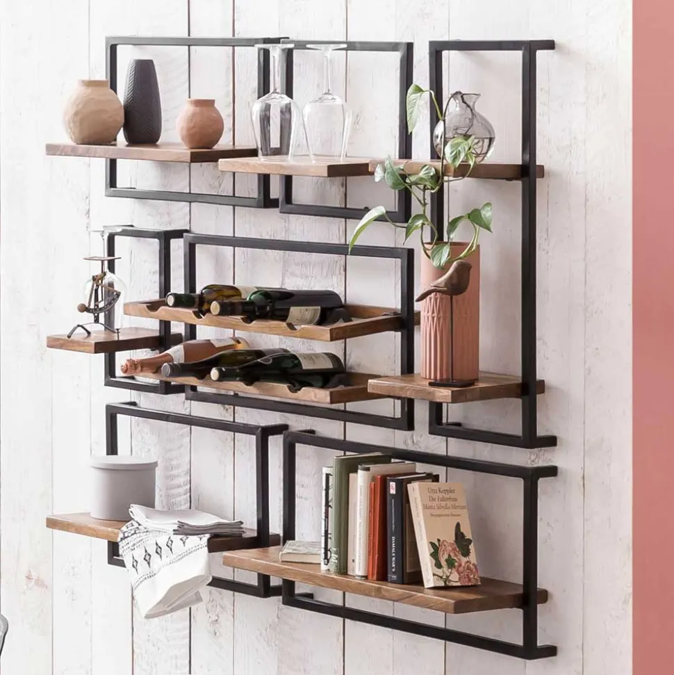 Wandregal Set aus Metall & Massivholz - Fiorda (siebenteilig)