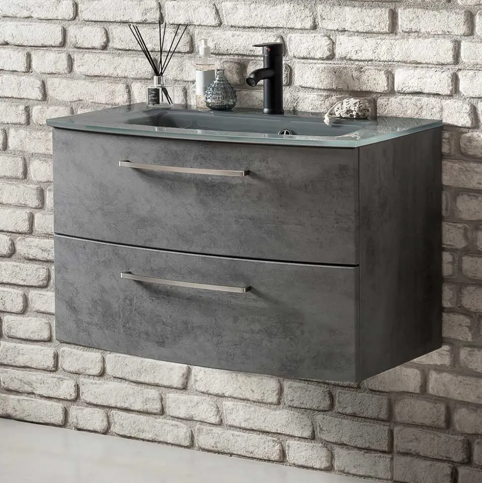 Wand-Waschtisch mit Glasbecken in Grau - Dastroz