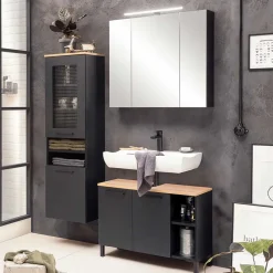 Waschbeckenunterschrank in Schwarz mit Wildeiche Dekor - Riguna