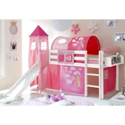 Weiß lackiertes Hochbett mit Rutsche mit Stoff Pink - Simon