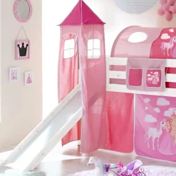 Weiß lackiertes Hochbett mit Rutsche mit Stoff Pink - Simon