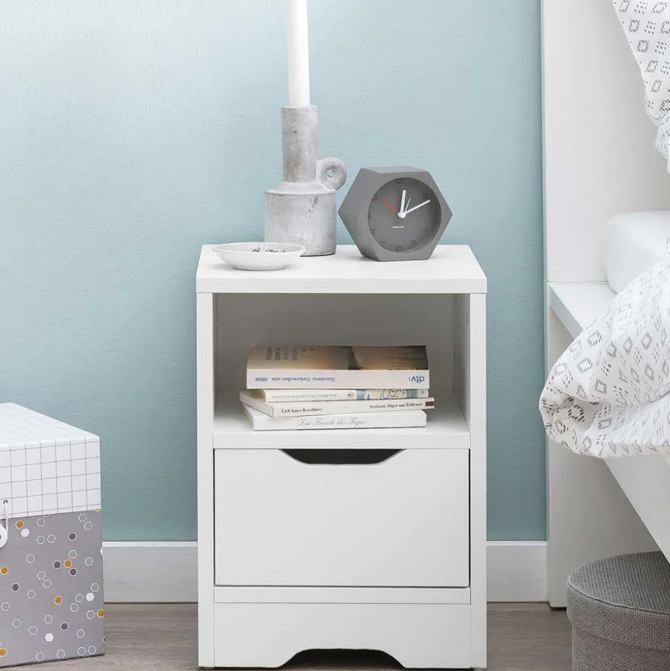 Weiße Nachtkonsole mit Schublade und Fach - Hank