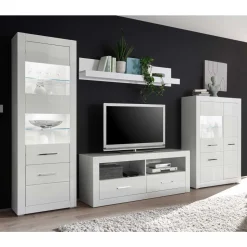 Weiße Wohnwand mit Hochglanz Fronten Yulis optional mit Beleuchtung (vierteilig)