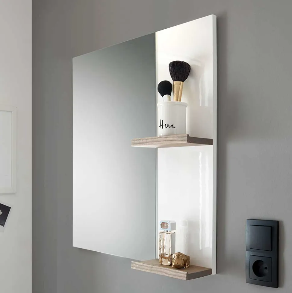 Weißer Hochglanz Badspiegel mit 2 Ablagen - Vauflos