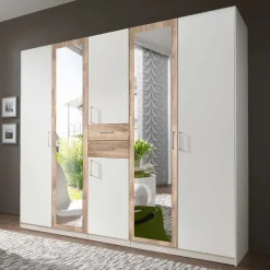 Weißer Kleiderschrank mit Plankeneiche 225 cm breit - Leela