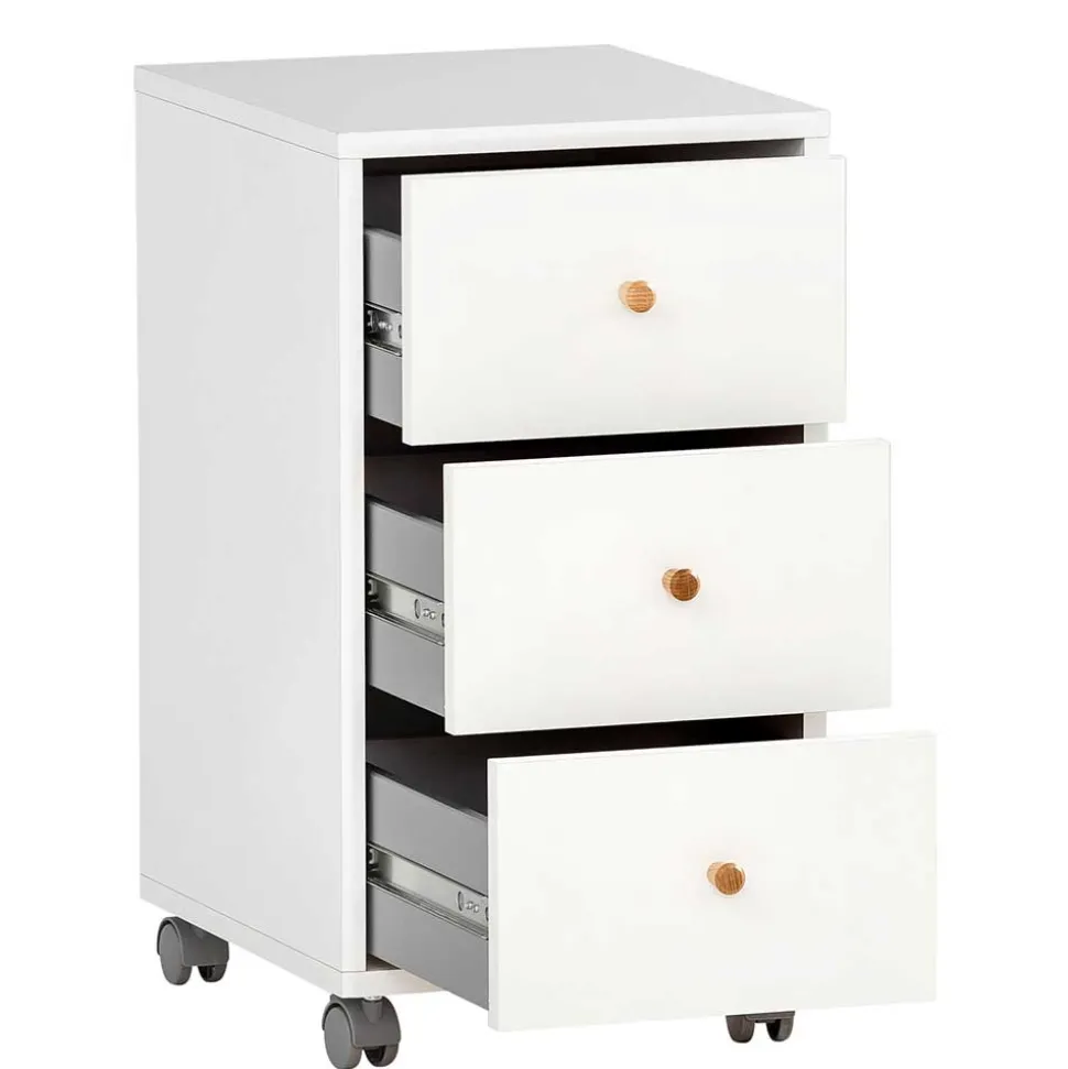 Weißer Schreibtisch-Rollcontainer mit Holzgriffen - Obtin