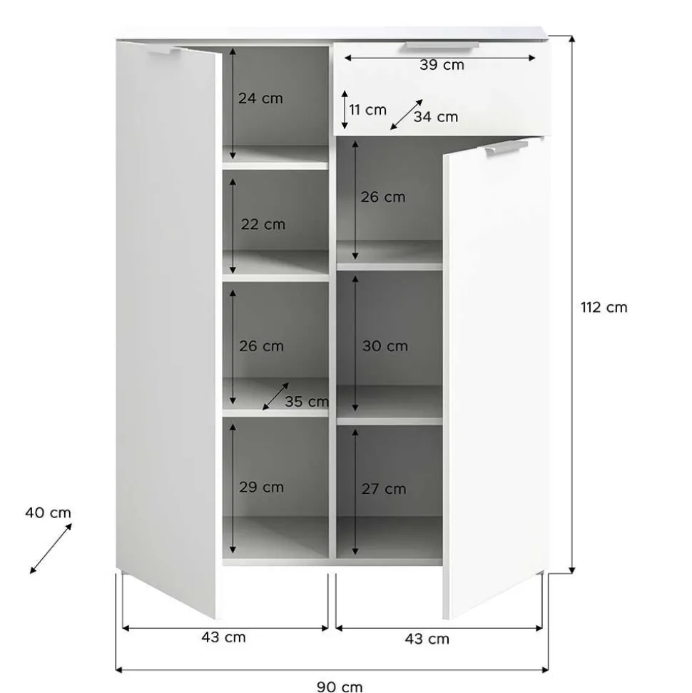 Weißes Highboard mit zwei Türen und Schublade - Intiatos
