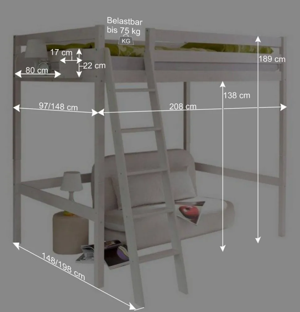 Weißes Hochbett in 90x200 oder 140x200 - Kerfa