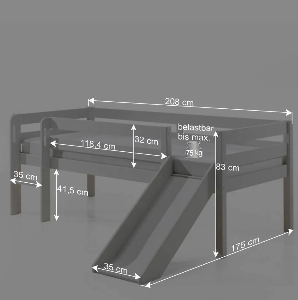 Weißes Hochbett mit Rutsche - nur 83 cm hoch - Kendalas