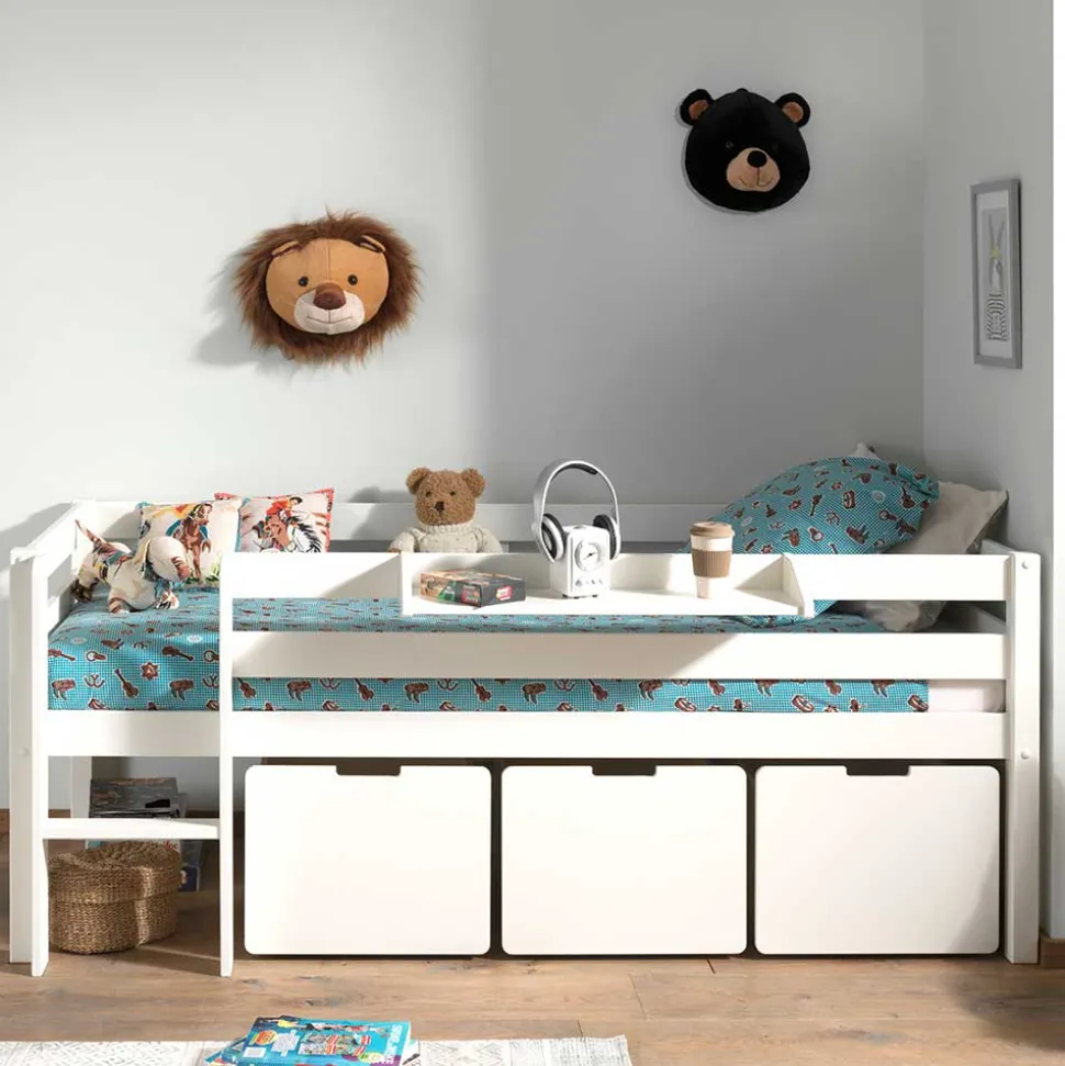 Weißes Hochbett niedrig mit Hängeregal - Azuro