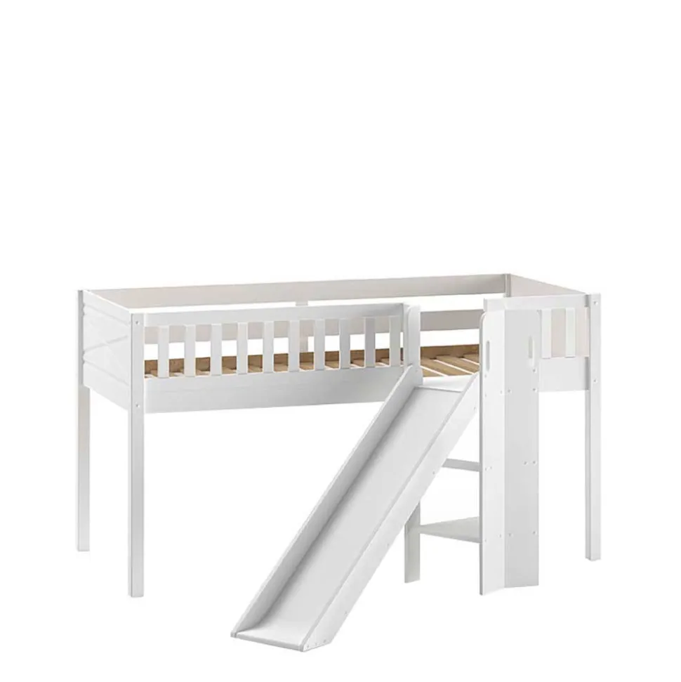 Weißes Kinder-Hochbett mit schräger Rutsche - Ranuves