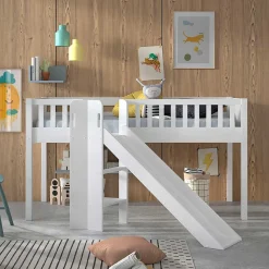 Weißes Kinder-Hochbett mit schräger Rutsche - Ranuves