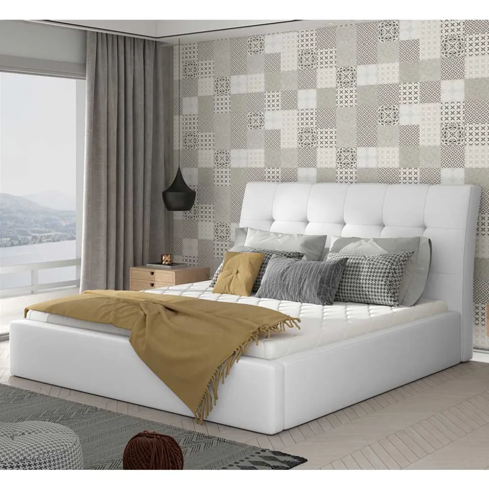 Weißes Kunstlederbett mit Bettkasten - Albin