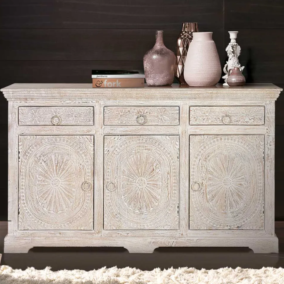 White Wash Sideboard mit Ornament Schnitzereien - Rusula