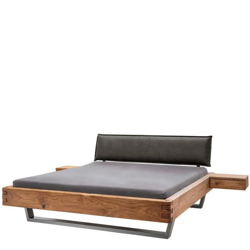 Wildeiche Balkenbett mit Leder-Kopfteil - Reneva