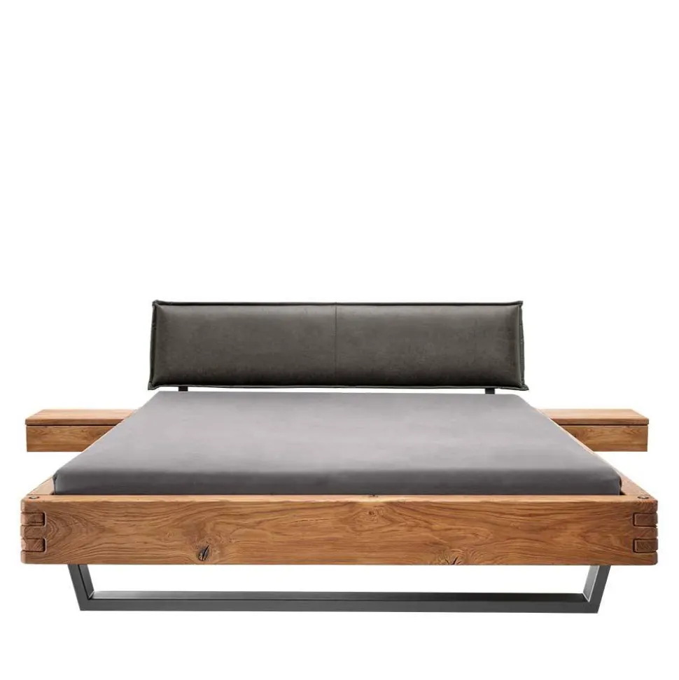 Wildeiche Balkenbett mit Leder-Kopfteil - Reneva
