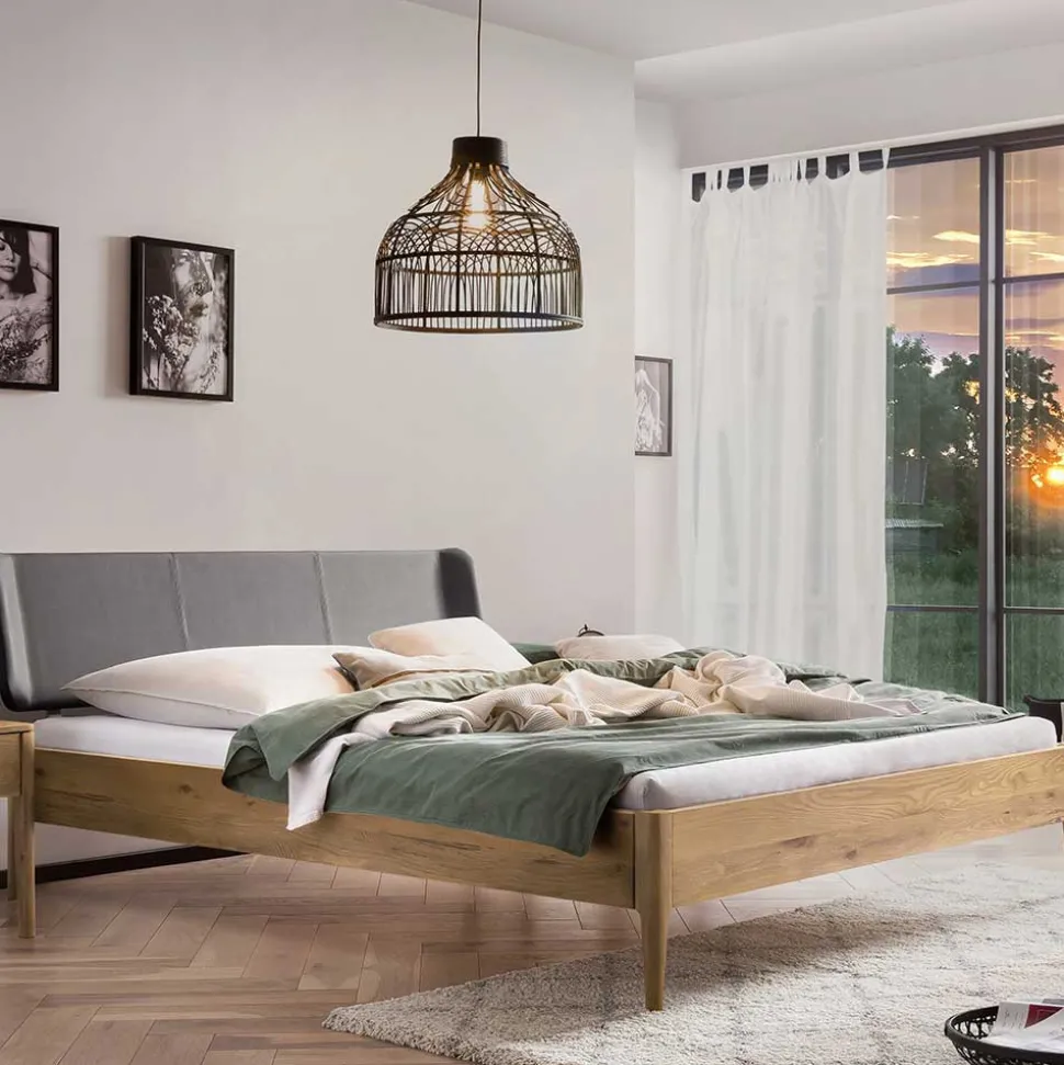 Wildeiche Doppelbett mit Kunstleder Kopfteil - Lucyanco