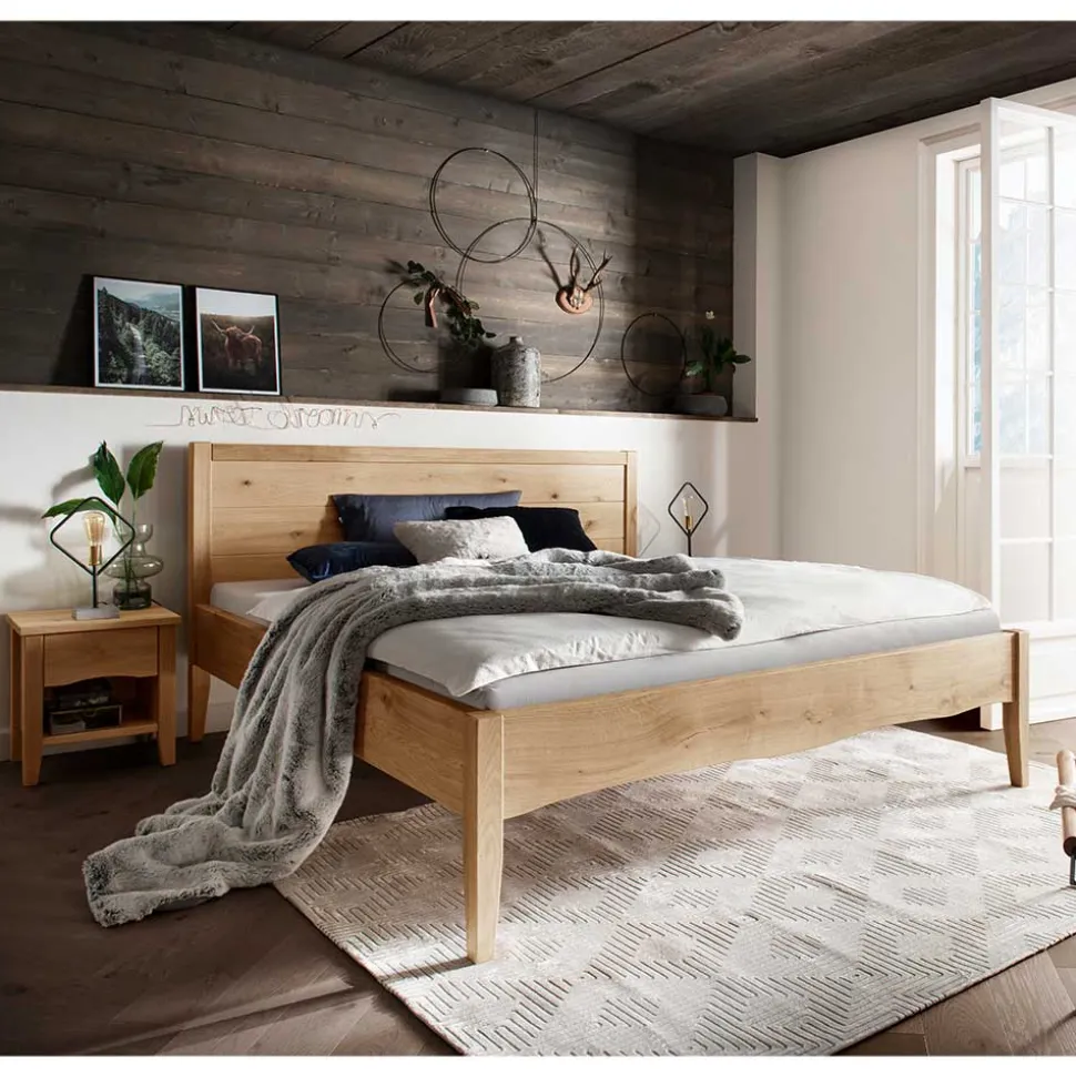 Wildeiche Doppelbett mit Holzkopfteil - Adeira