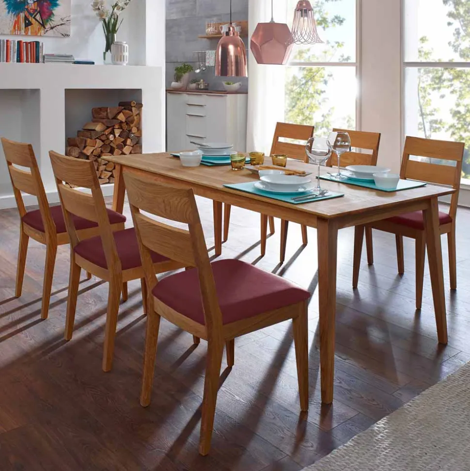 Wildeiche Esstisch Gruppe Likes mit Kunstleder Rot (siebenteilig)