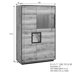 Wildeiche Highboard mit Glas Einsatz - Shipper