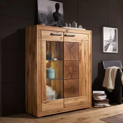 Wildeiche Highboard Troncon mit Glas Einsatz