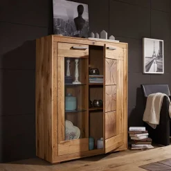 Wildeiche Highboard Troncon mit Glas Einsatz
