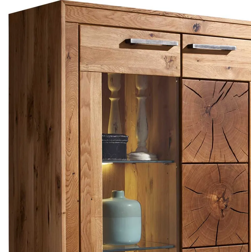 Wildeiche Highboard Troncon mit Glas Einsatz