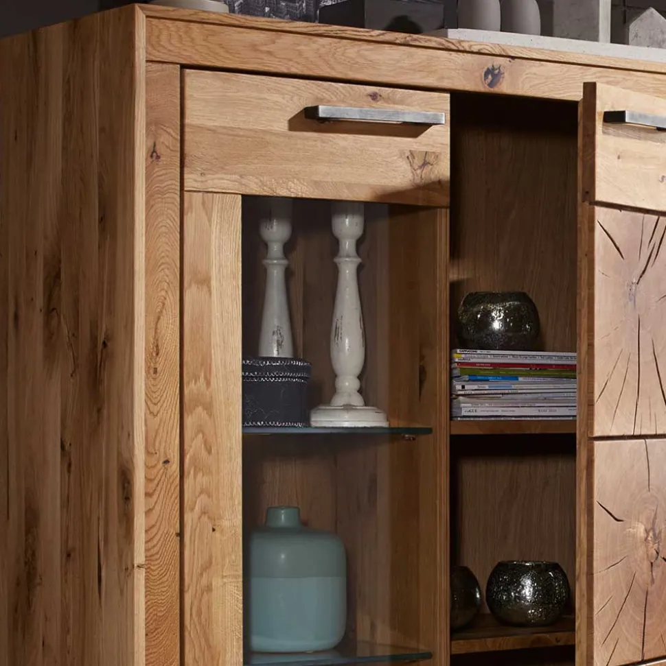 Wildeiche Highboard Troncon mit Glas Einsatz