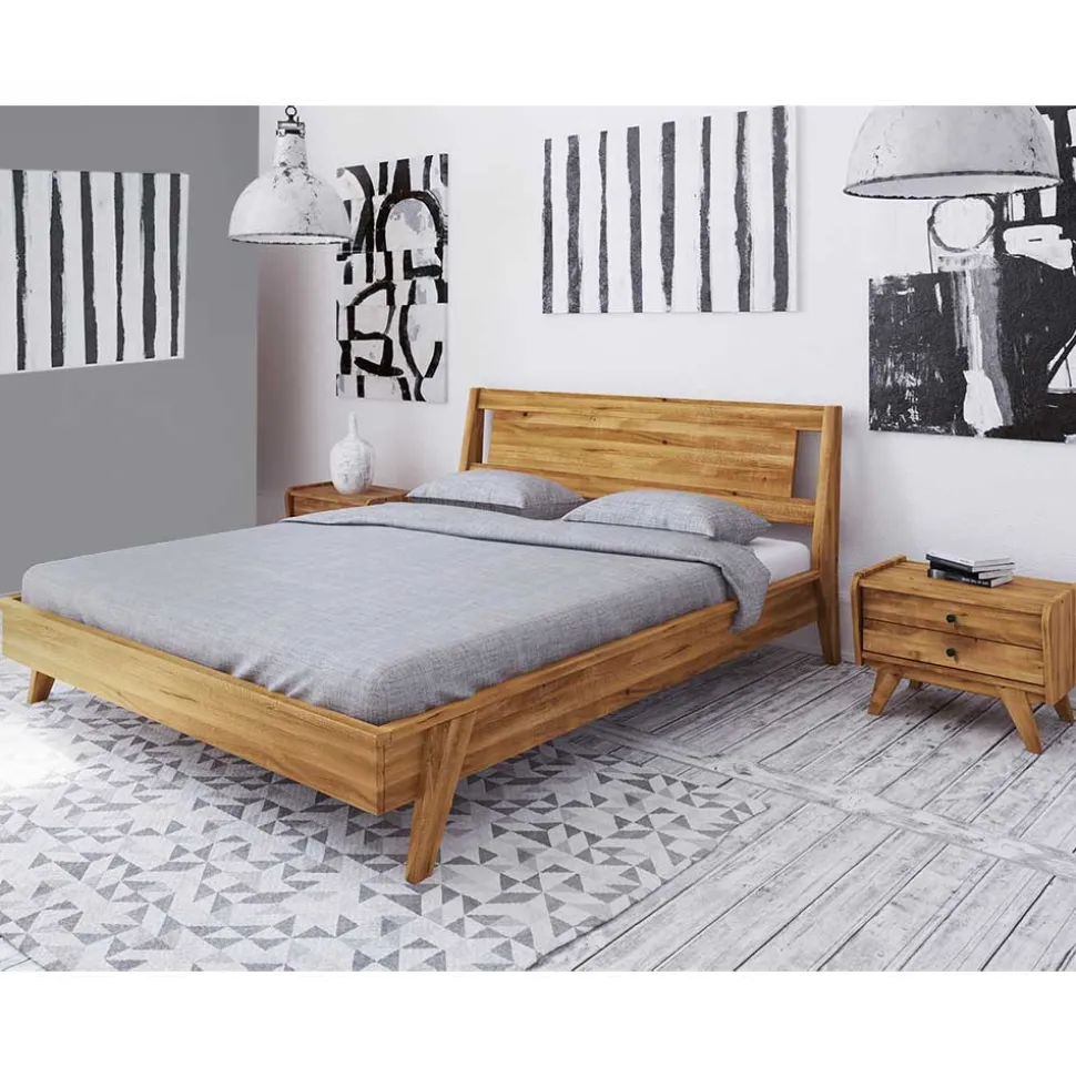 Wildeiche Holz Bett mit Überlänge 220 cm - Hardus (dreiteilig)