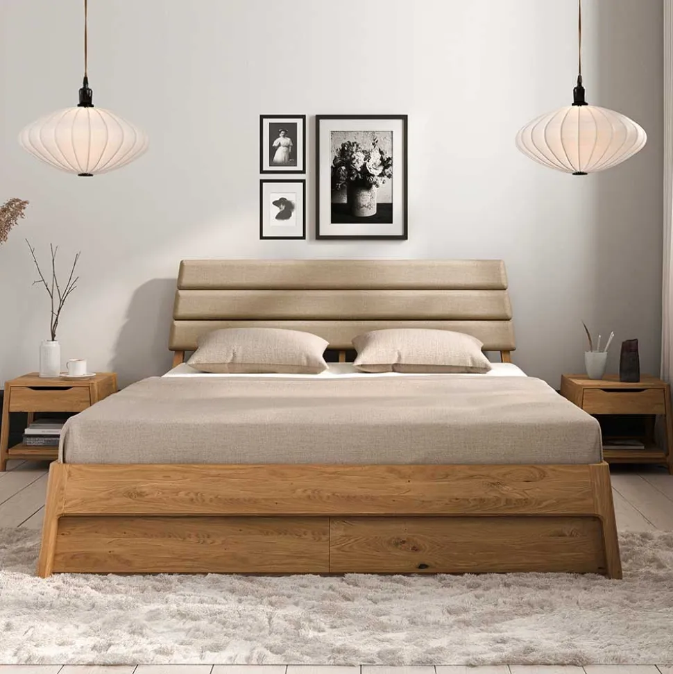 Wildeiche Holzbett mit Polsterkopfteil in Beige - Favorite