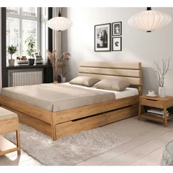 Wildeiche Holzbett mit Polsterkopfteil in Beige - Favorite