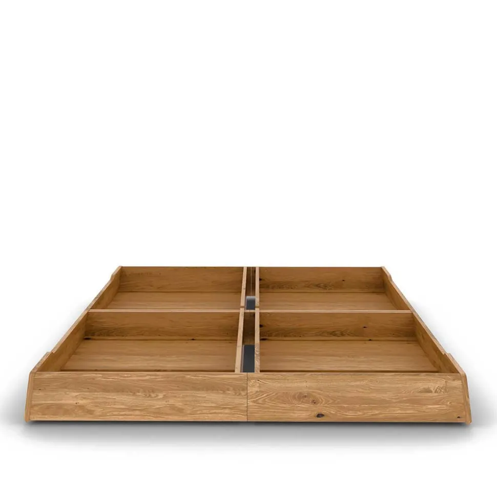 Wildeiche Holzbett mit Polsterkopfteil in Beige - Favorite