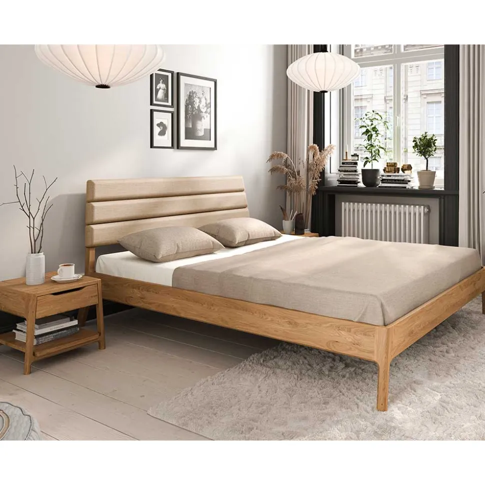 Wildeiche Holzbett mit Polsterkopfteil in Beige - Favorite