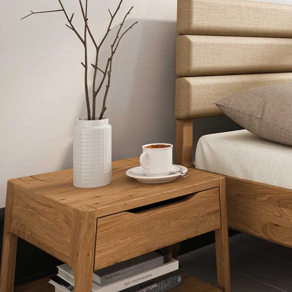 Wildeiche Holzbett mit Polsterkopfteil in Beige - Favorite