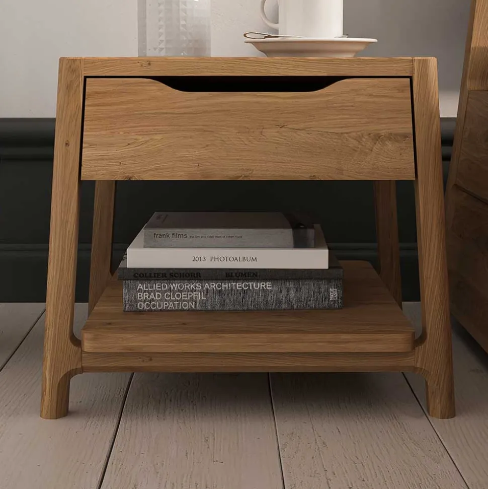 Wildeiche Holzbett mit Polsterkopfteil in Beige - Favorite