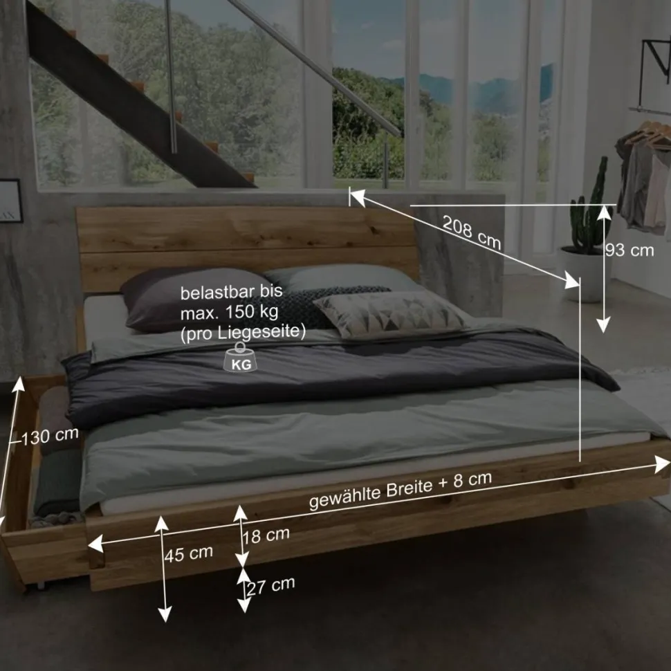 Wildeiche Schubkastenbett & Nachtkommoden - Aryvano (dreiteilig)