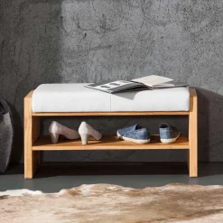 Wildeiche Sitzbank mit weißem Echtleder - Mandrey