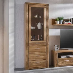 Wildeiche Vitrinenschrank mit 3 Schubladen - Maila