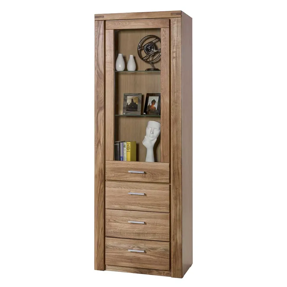 Wildeiche Vitrinenschrank mit 3 Schubladen - Maila