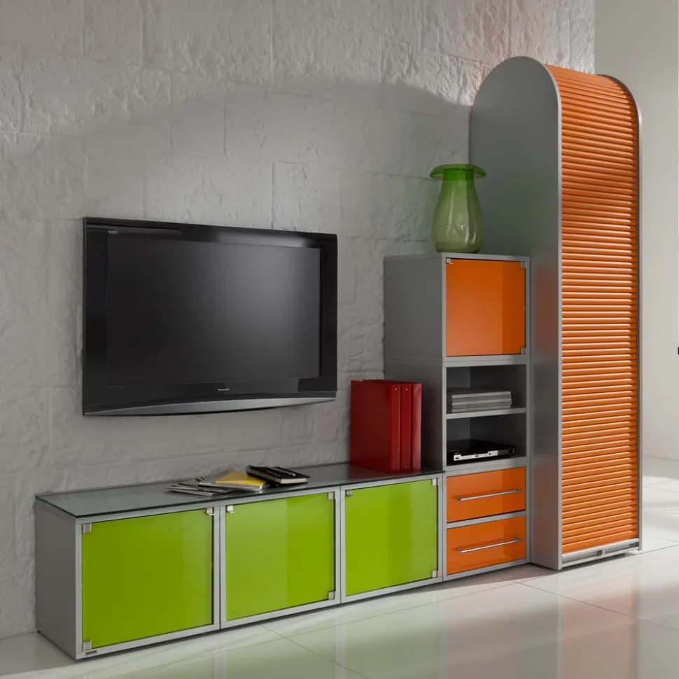 Wohnwand in Silber & Grün & Orange - Lecodas (dreiteilig)