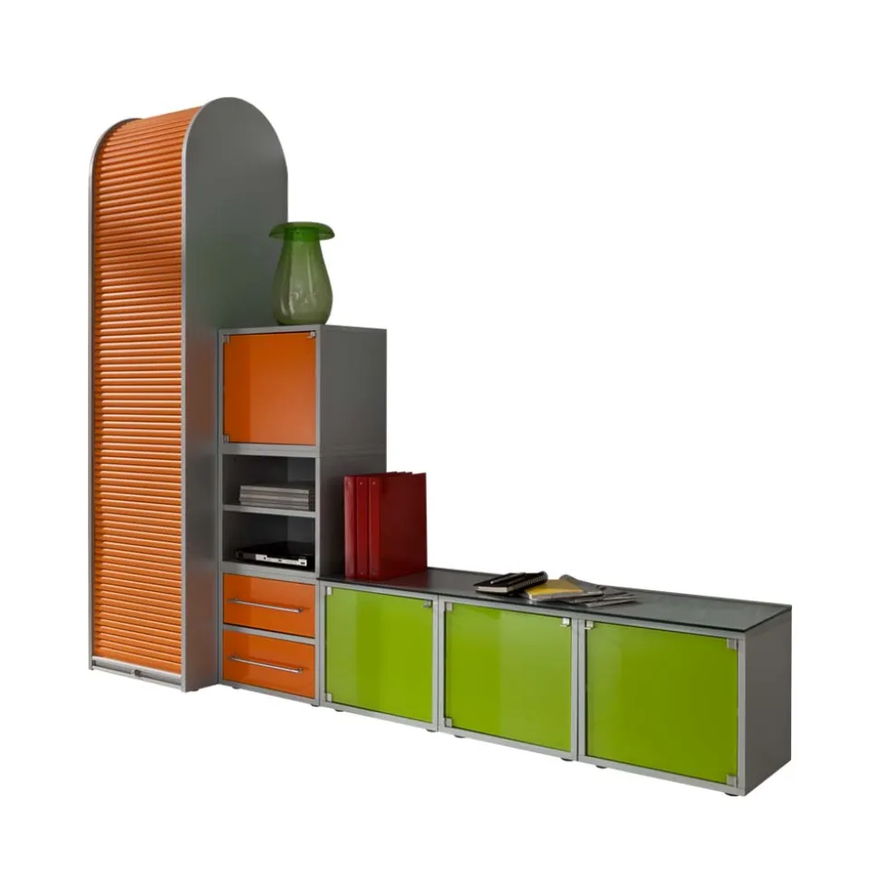 Wohnwand in Silber & Grün & Orange - Lecodas (dreiteilig)