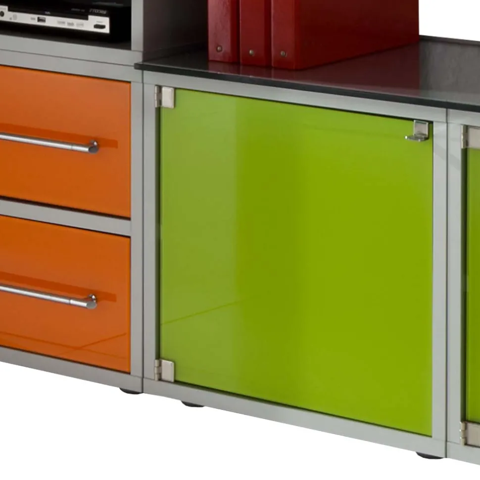 Wohnwand in Silber & Grün & Orange - Lecodas (dreiteilig)