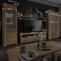 Wohnwand Möbel Set aus Wildeiche - Loitons (vierteilig)